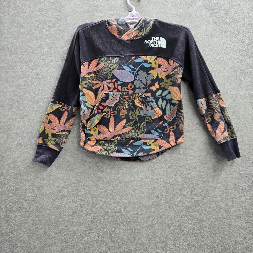 The North Face Girls Sweatshirt 7/8 S Navy Floral Fleece Logo Pullover
